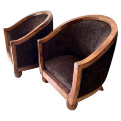 Pair of Wood Frame Barrel Style Chairs with Bun Feet in Brown Velvet