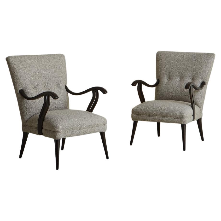 Pair of Wood Frame Lounge Chairs in Gray Wool Boucle, France 1960s