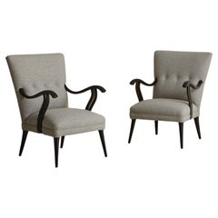 Vintage Pair of Wood Frame Lounge Chairs in Gray Wool Boucle, France 1960s