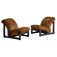 Retro Pair of Wood Frame Lounge Chairs in Orange Velvet, Tobia & Afra Scarpa, Italy