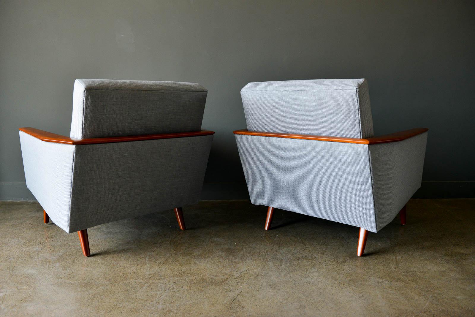Fabric Pair of Mid-Century Modern Wood Framed Lounge Chairs, circa 1960