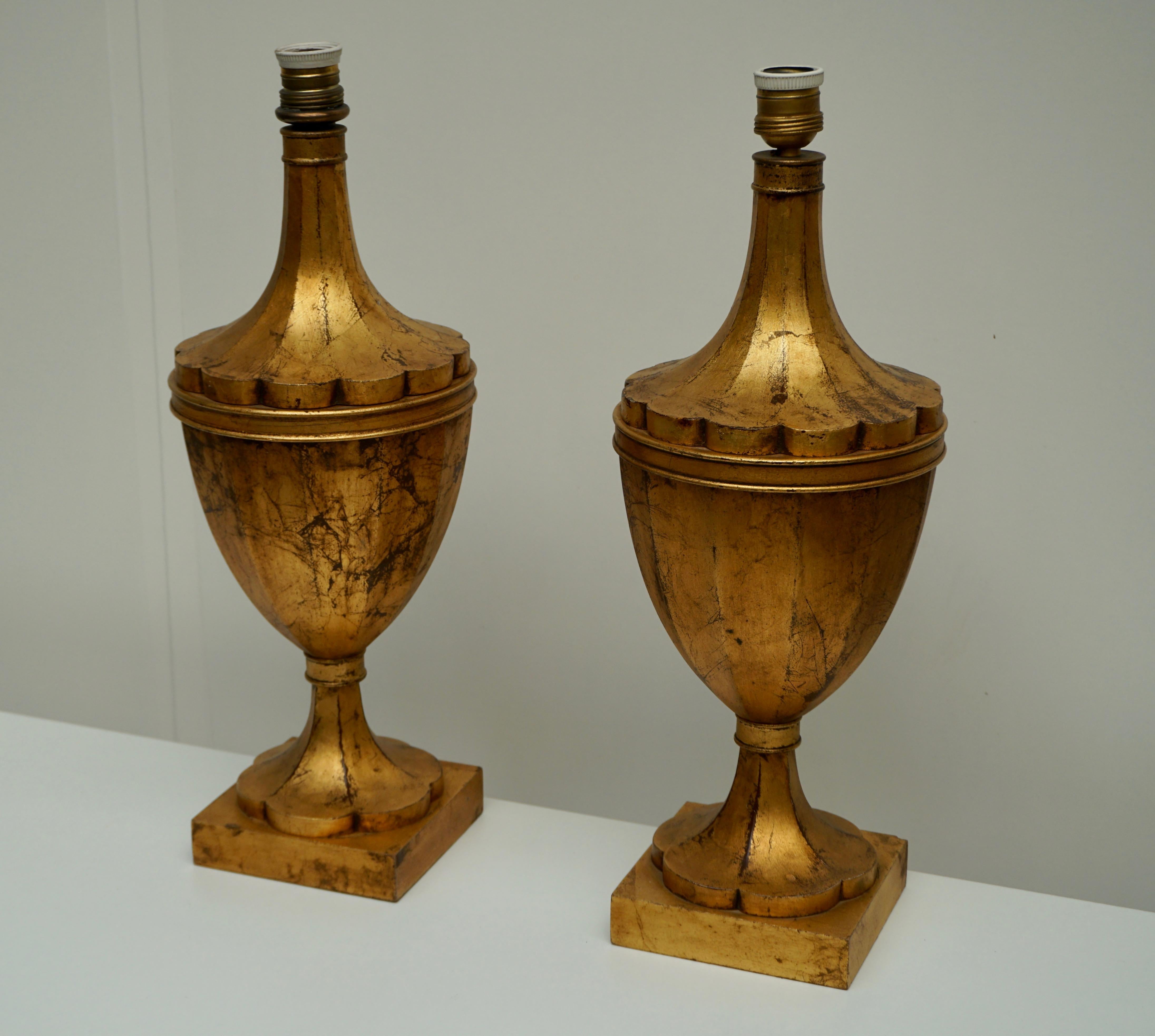 Italian Pair of Wood Gilt Table Lamps, Mid-20th Century For Sale