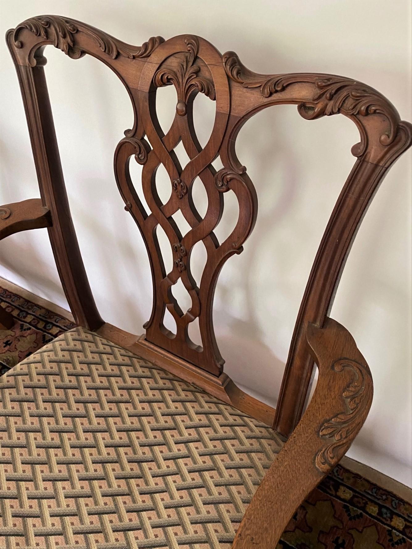 Pair of English-Made Carved Chippendale Style Mahogany Armchairs For Sale 6
