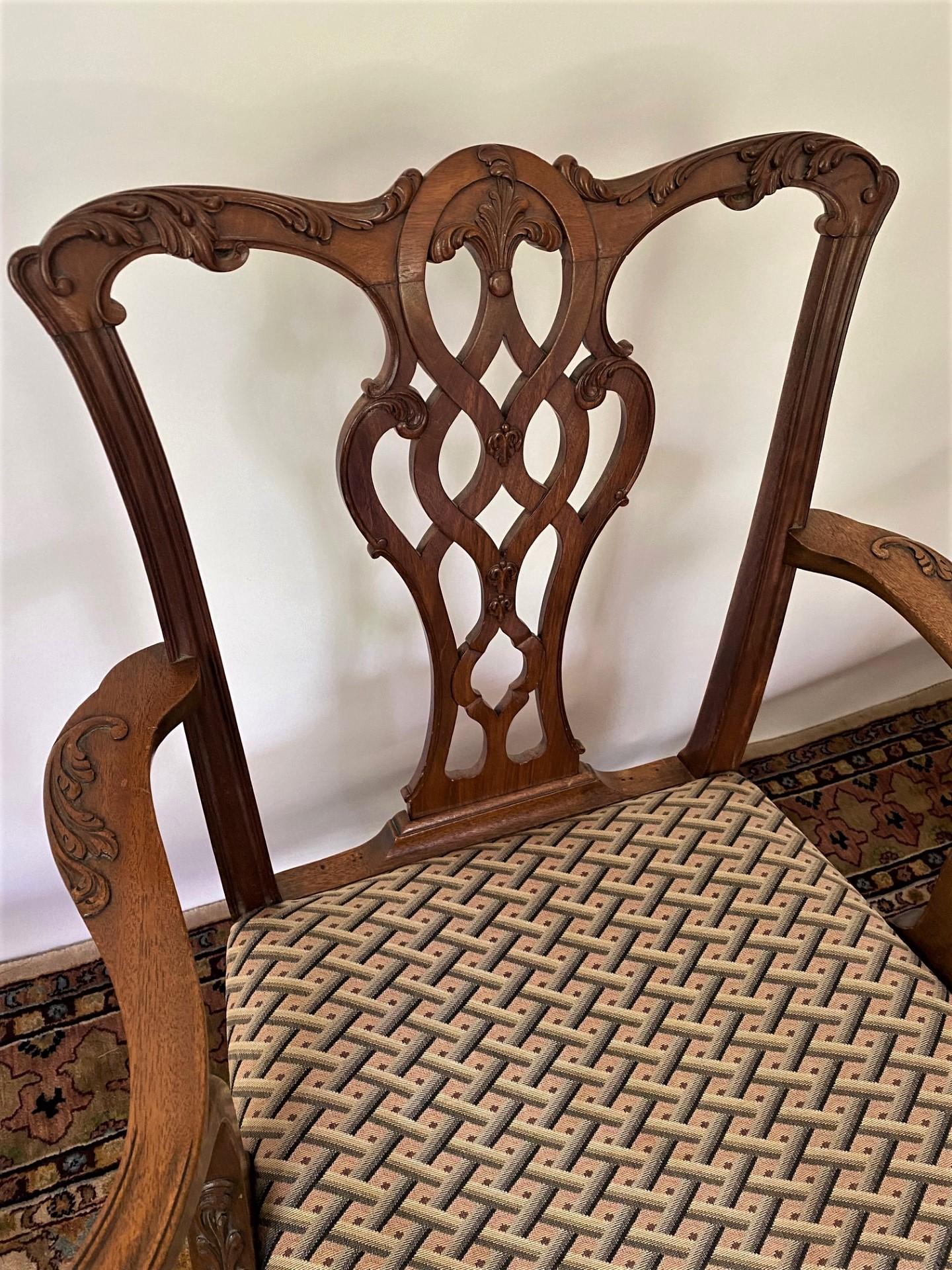 Pair of English-Made Carved Chippendale Style Mahogany Armchairs For Sale 9