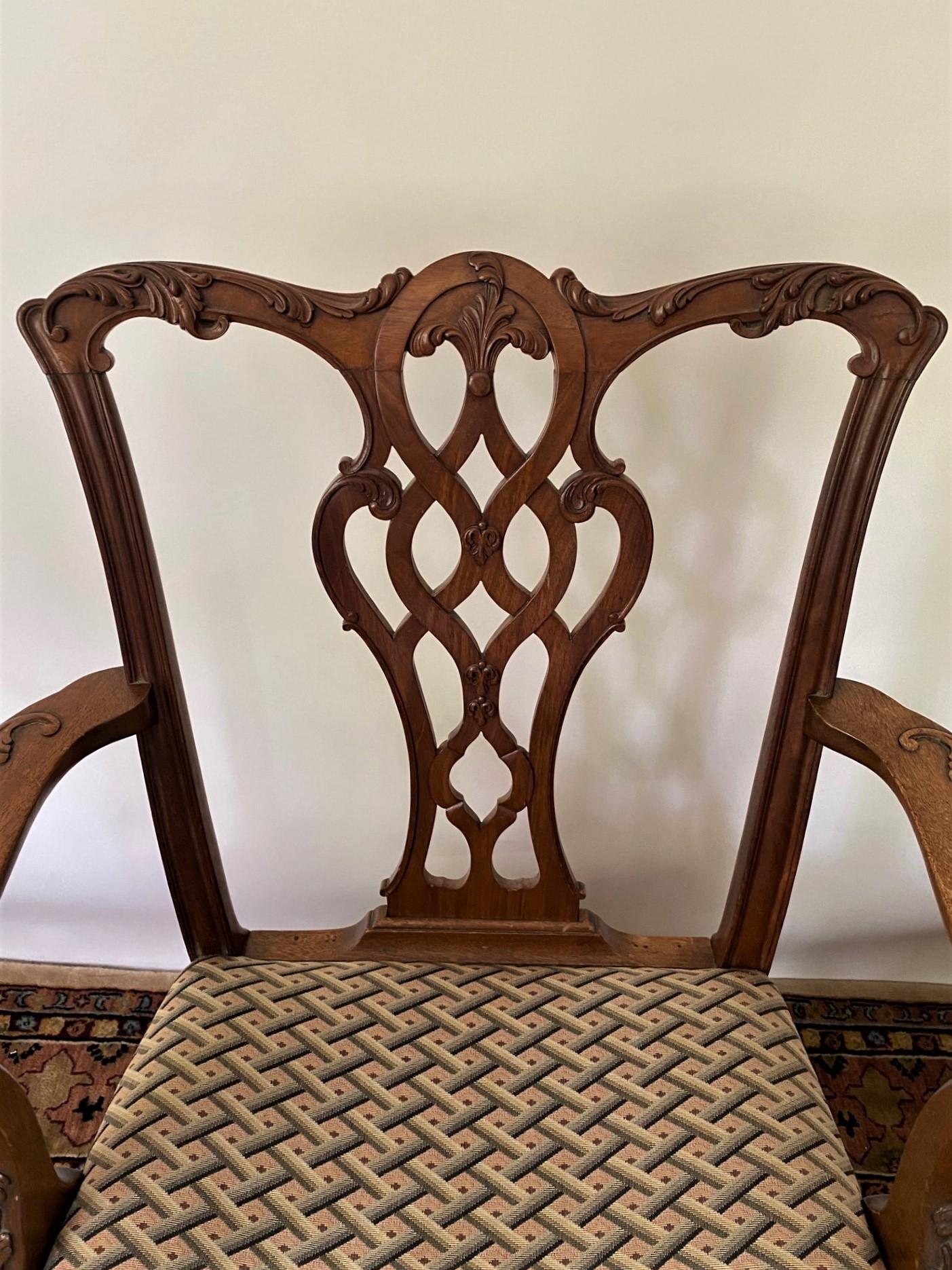Upholstery Pair of English-Made Carved Chippendale Style Mahogany Armchairs For Sale
