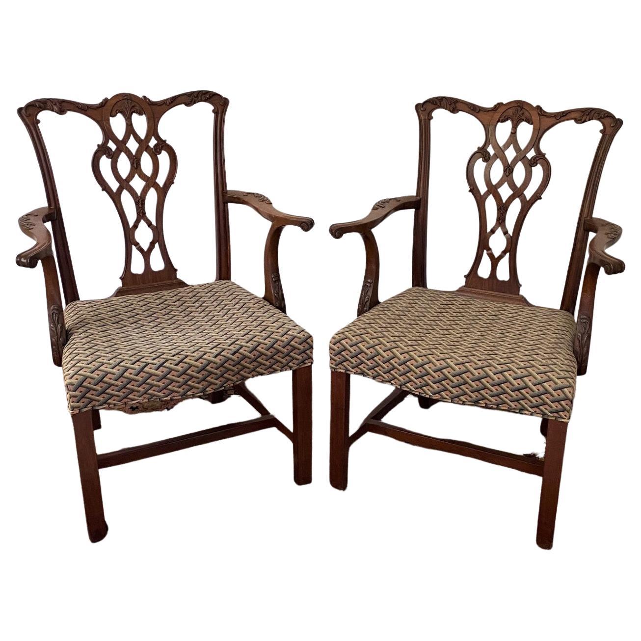 Pair of English-Made Carved Chippendale Style Mahogany Armchairs For Sale