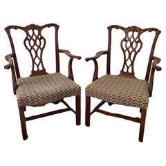 Antique Pair of English-Made Carved Chippendale Style Mahogany Armchairs
