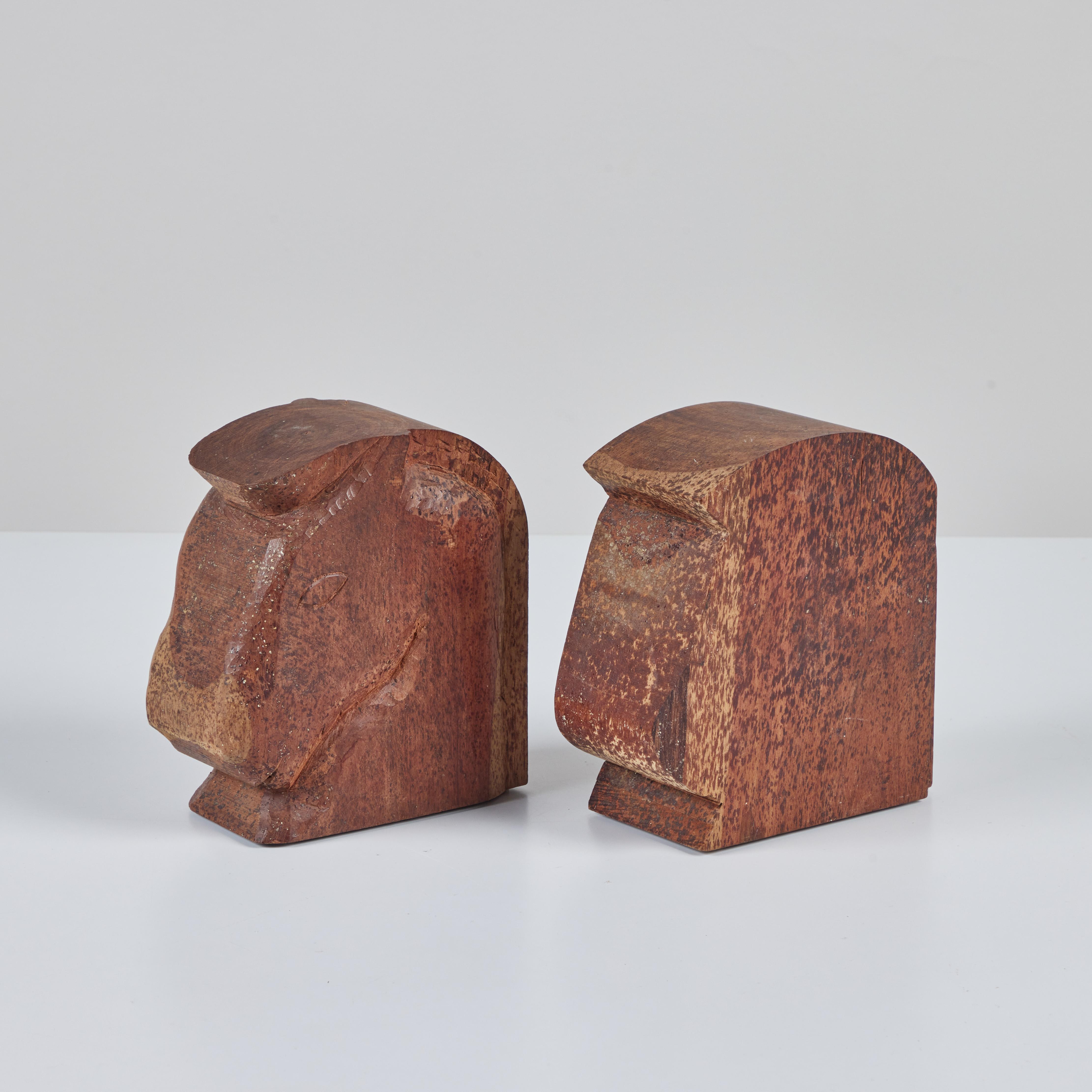Hand-Carved Pair of Wood Horse Head Bookends For Sale