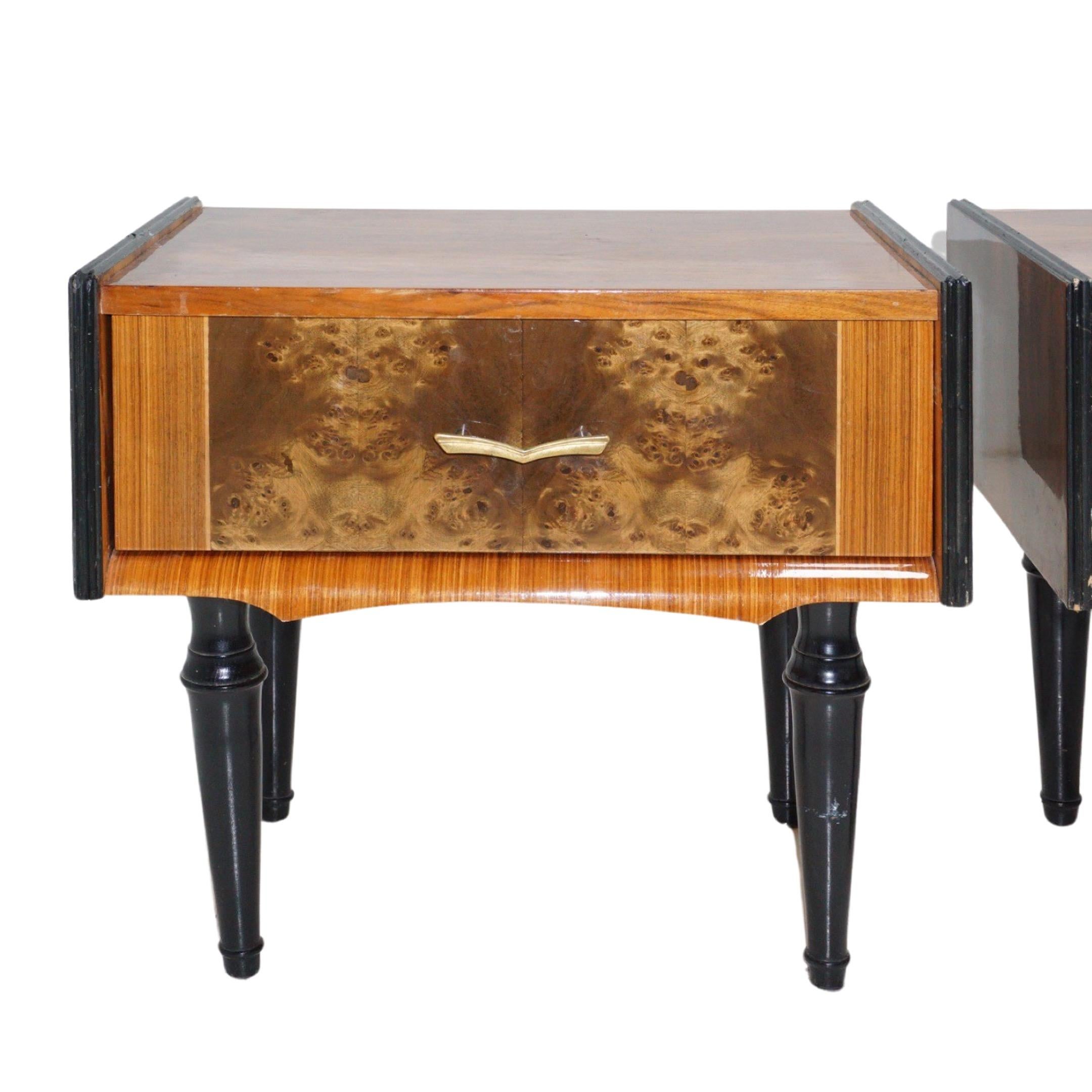 Dim the lights, set the ambiance, and let these midcentury lacquered wood nightstands be the guardians of your nocturnal odyssey. These nightstands aren't just functional; they're the secrets of your bedside, telling stories of voyages and dreams