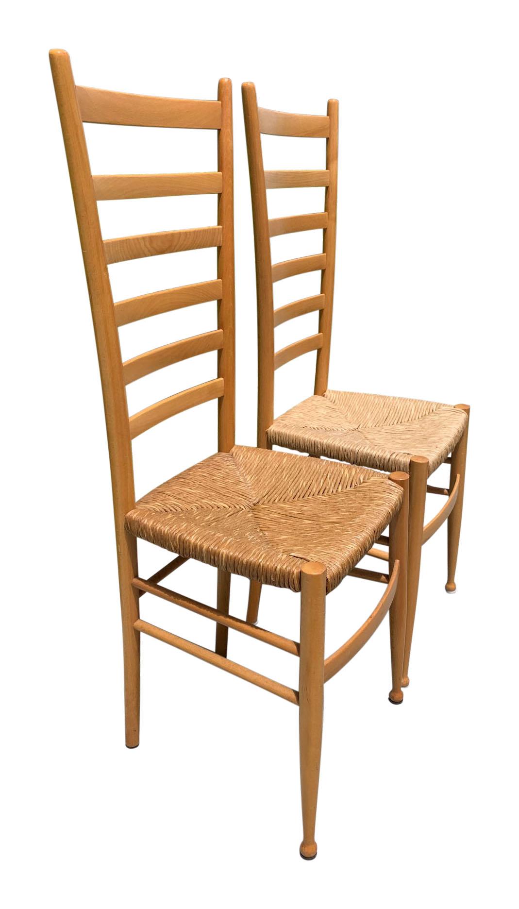 Pair of Wood Italian Ladder Back Chairs Attributed to Gio Ponti with Rush Seats. Woven, grass cloth. Mid-century modern