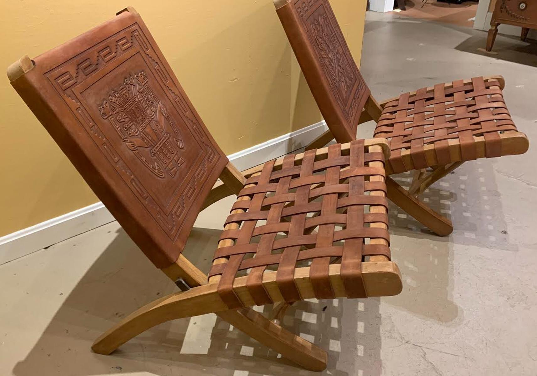 Peruvian Pair of Wood and Leather Folding Side Chairs from Peru, circa 1970s