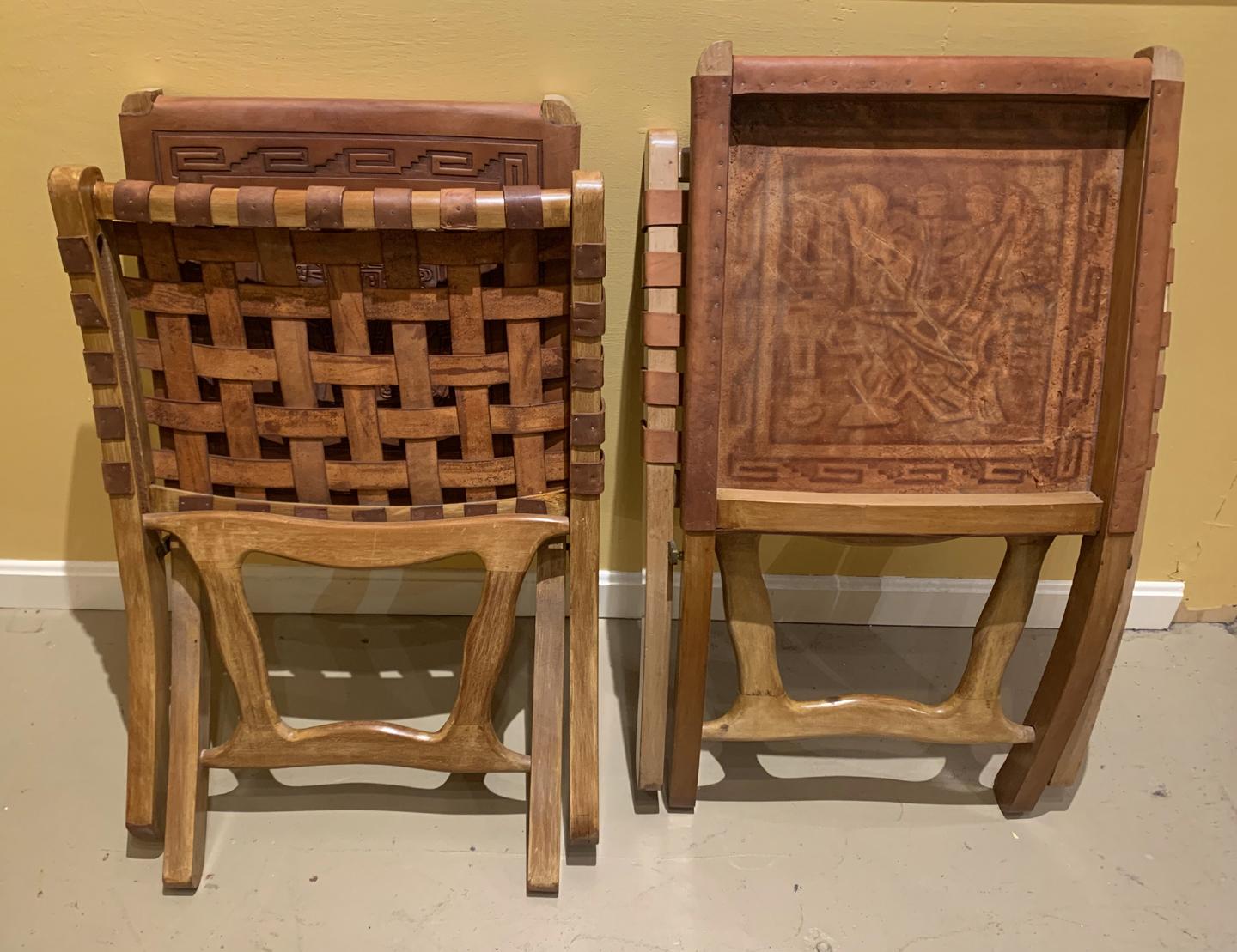 Pair of Wood and Leather Folding Side Chairs from Peru, circa 1970s 1