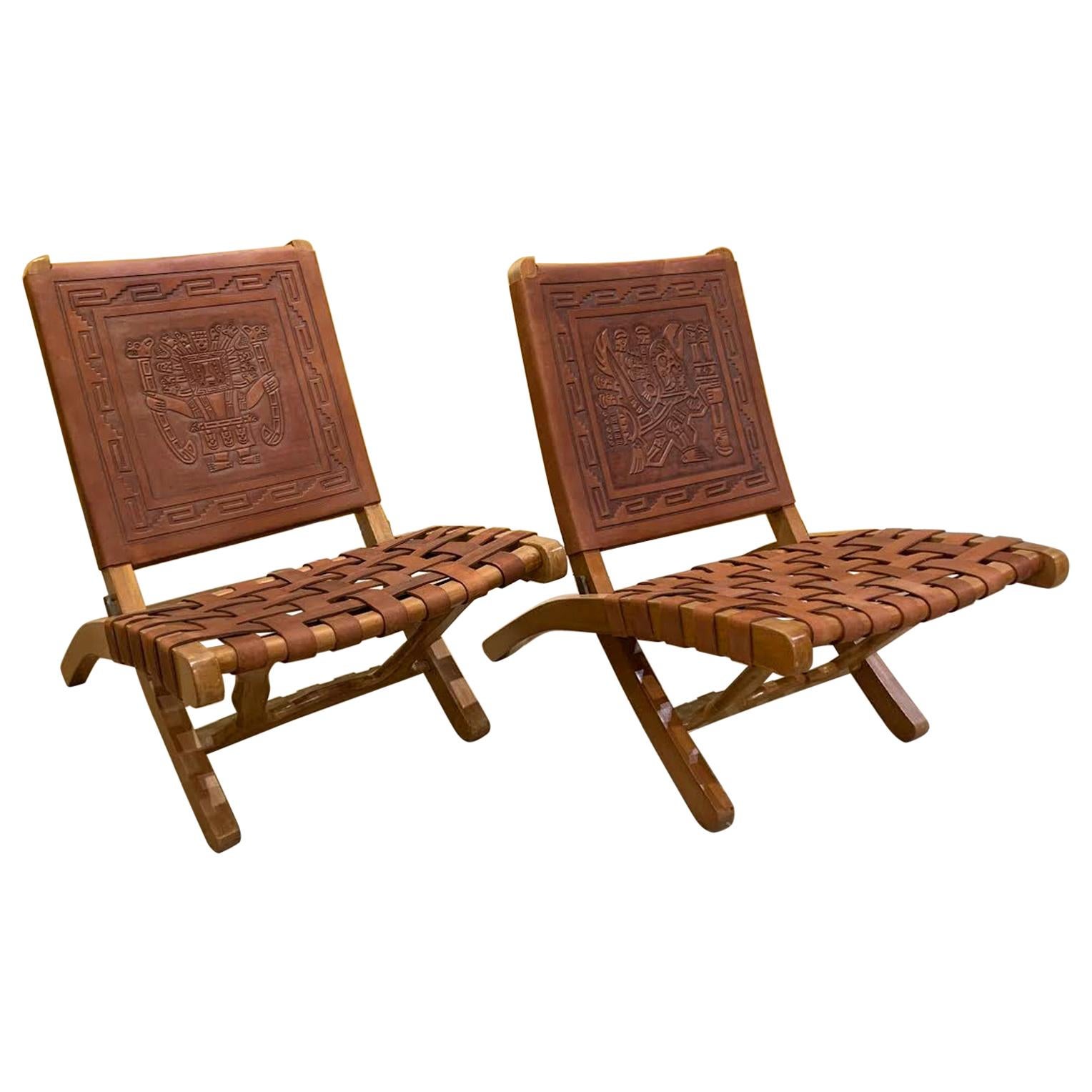 Pair of Wood and Leather Folding Side Chairs from Peru, circa 1970s