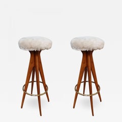 Pair of Wood Legs, Brass and Beige Leather Midcentury Stools, Italy, 1950