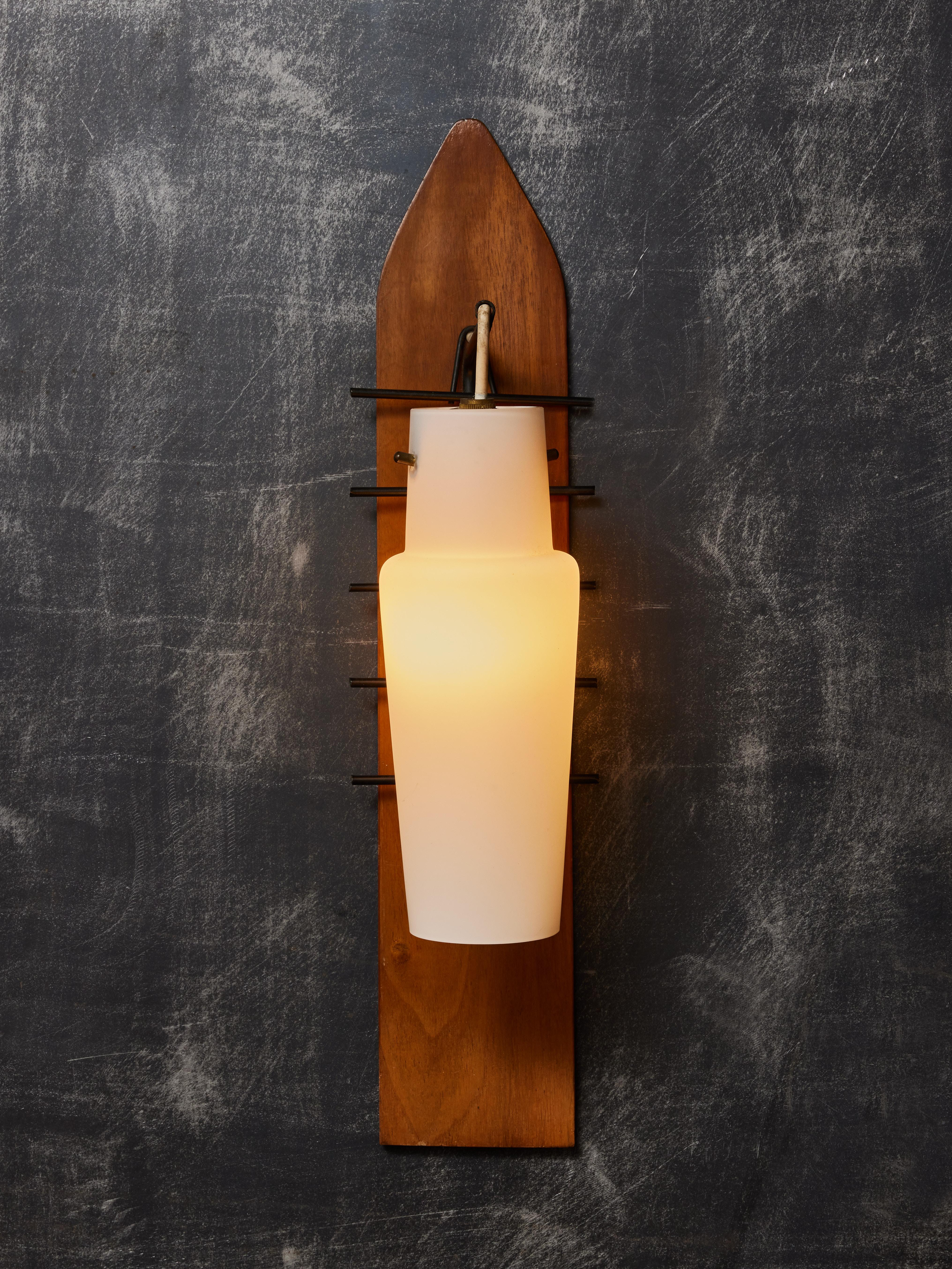 Mid-Century Modern Pair of Wood, Metal and Opaline Glass Wall Sconces
