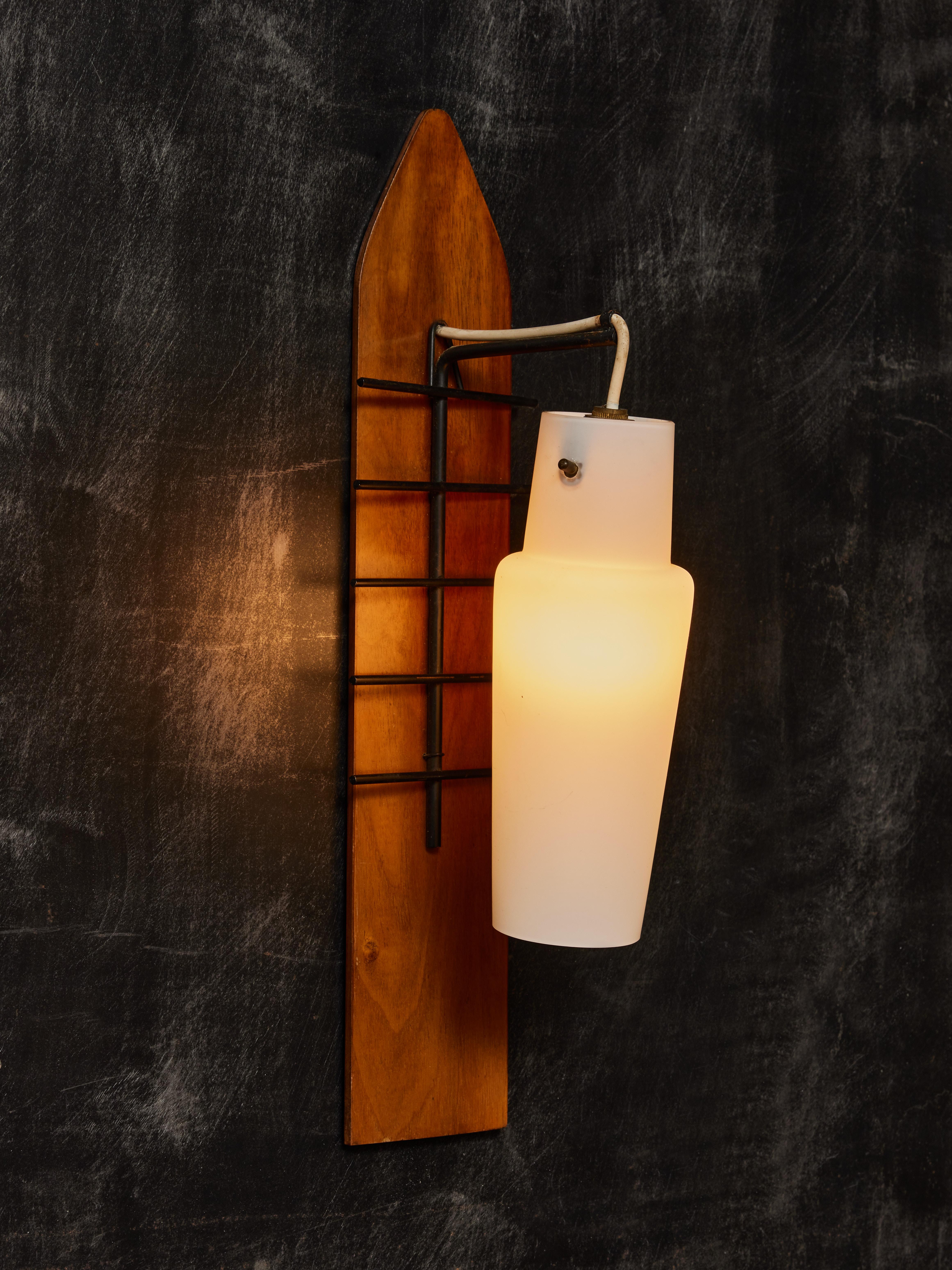 French Pair of Wood, Metal and Opaline Glass Wall Sconces