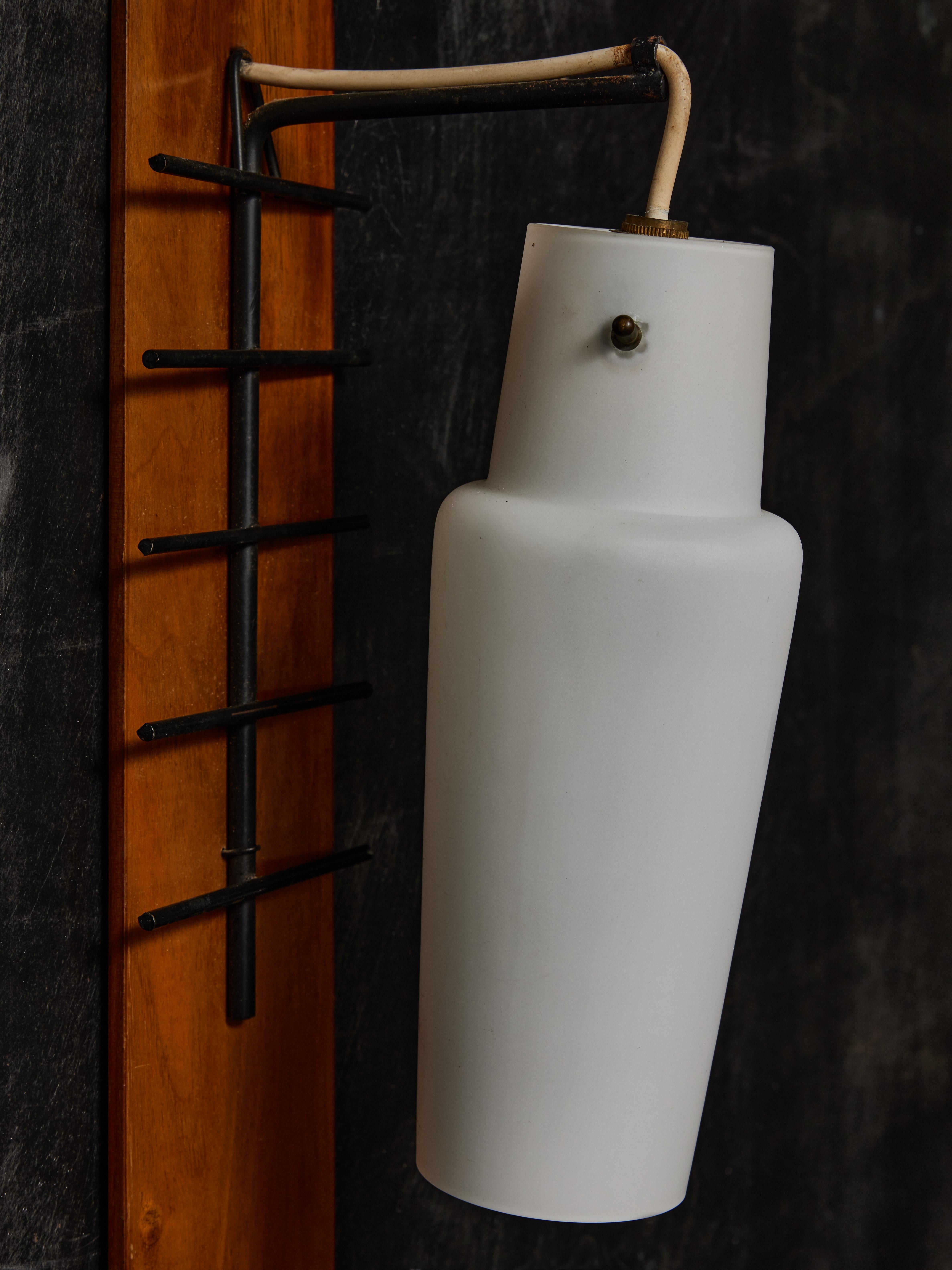 Late 20th Century Pair of Wood, Metal and Opaline Glass Wall Sconces