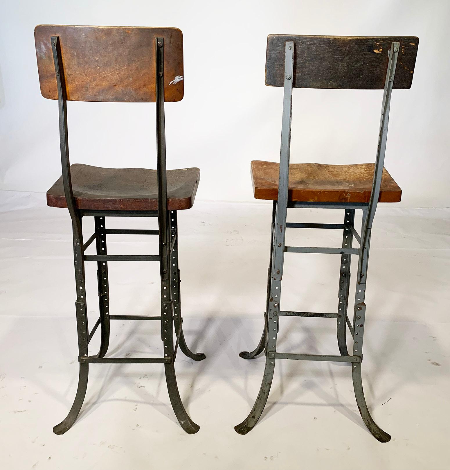 Industrial Pair of Wood & Metal Factory Shop Stools  For Sale