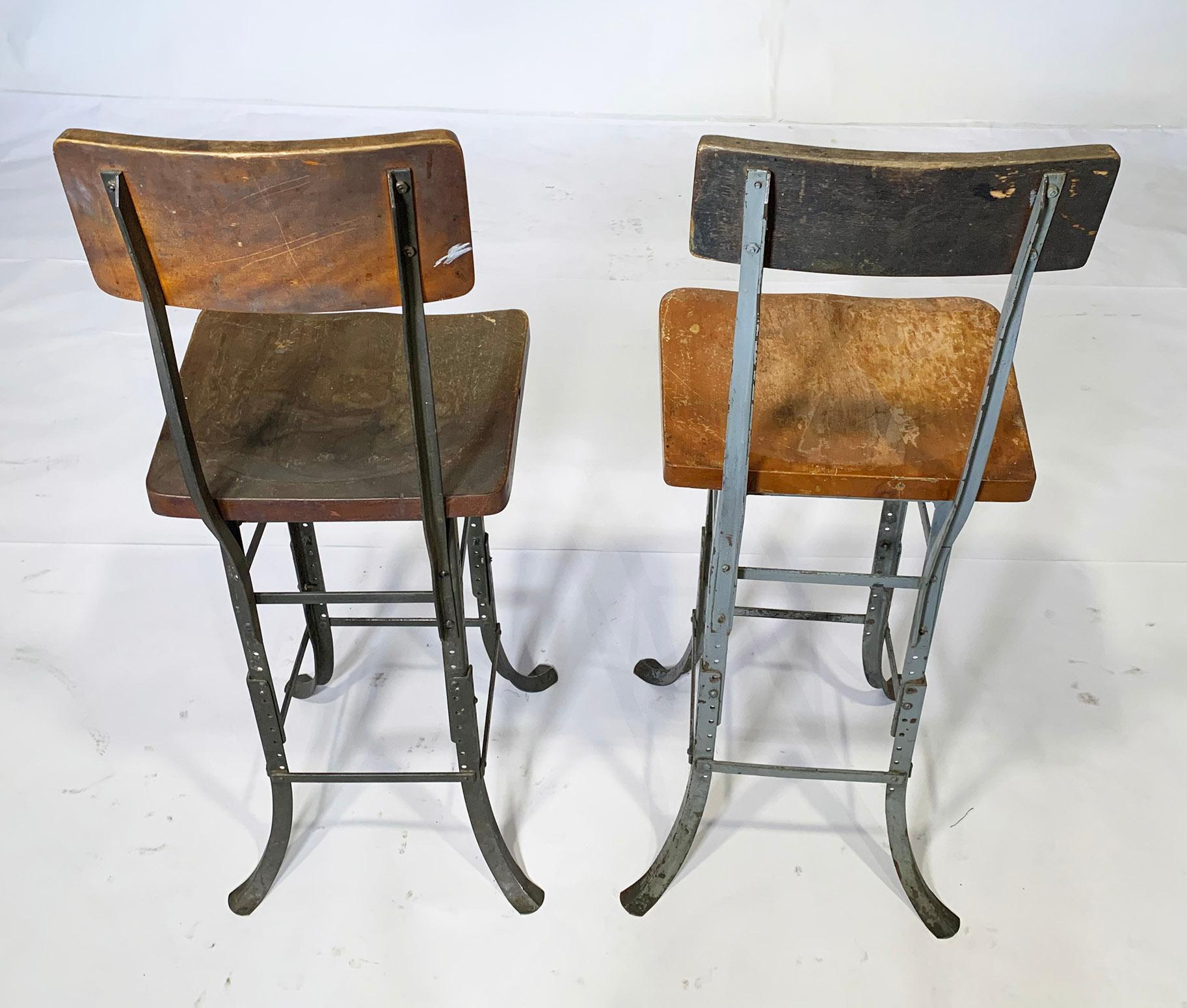 American Pair of Wood & Metal Factory Shop Stools  For Sale