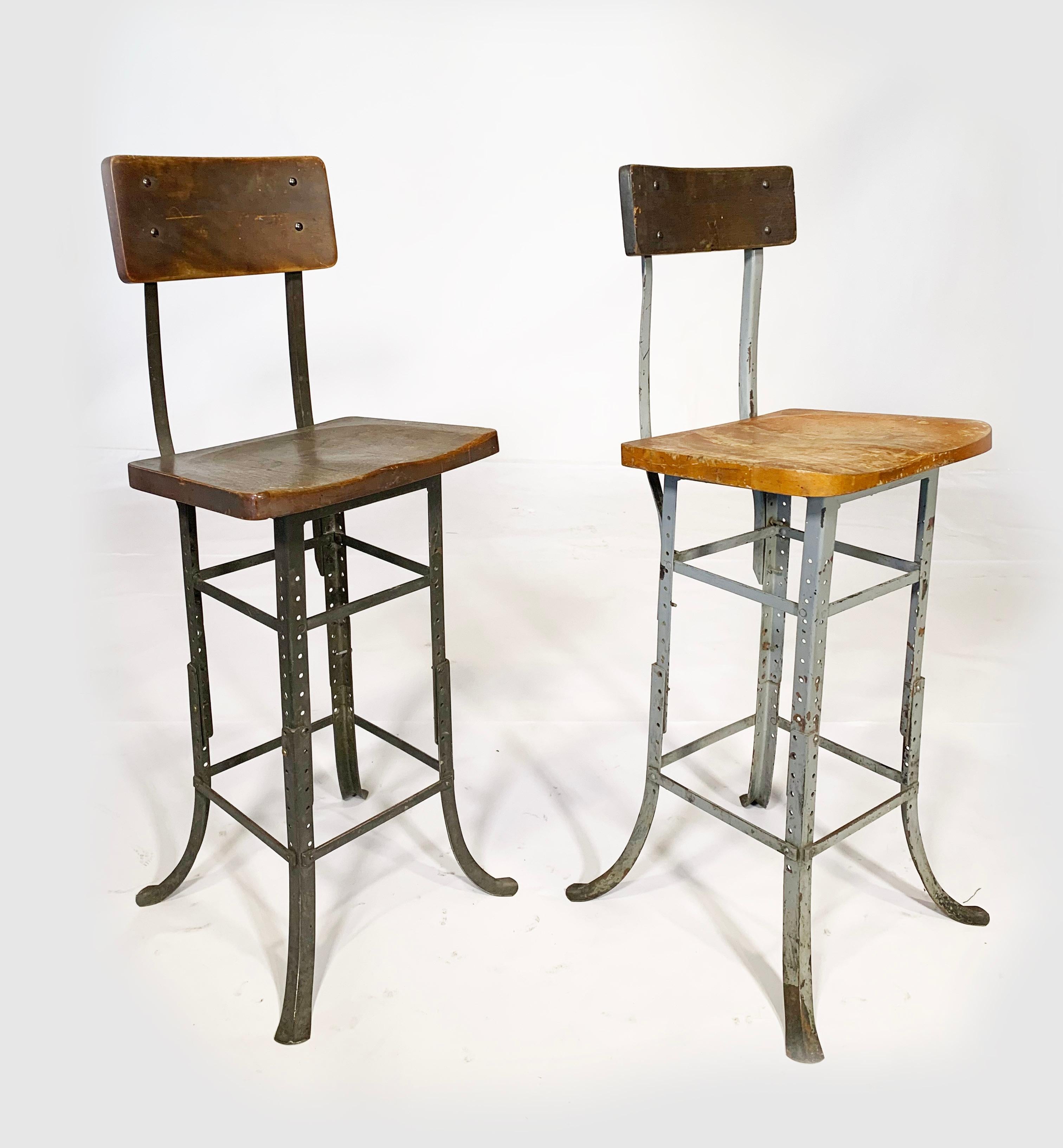 Pair of Wood & Metal Factory Shop Stools  For Sale