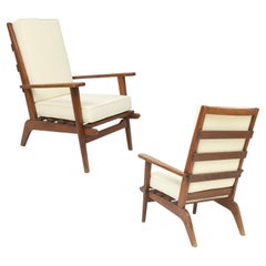 Pair of Wood Mid-Century Modern French Lounge Chairs White Cushions, 1950's