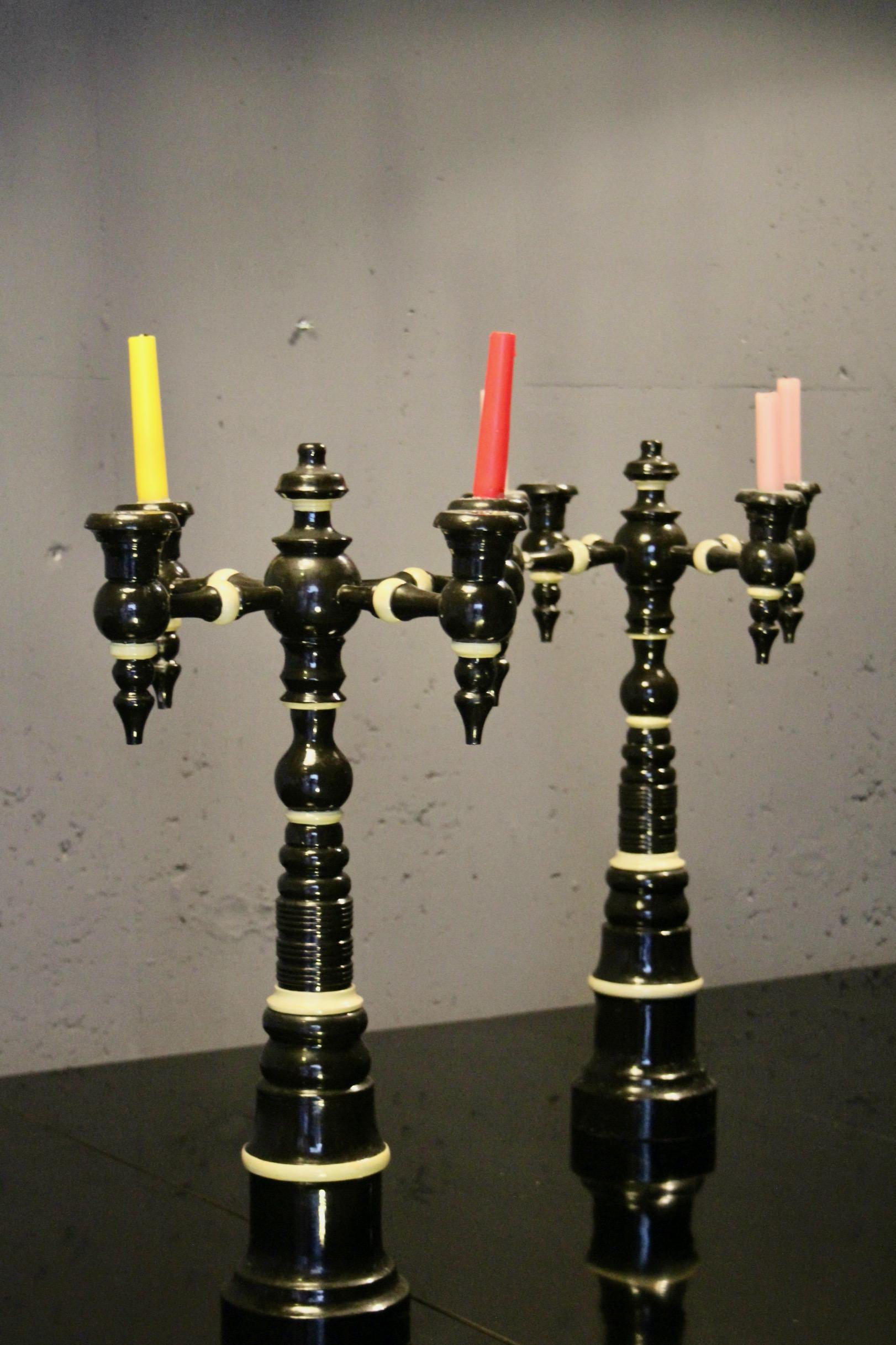 Wood Pair of wood painted candlestick For Sale