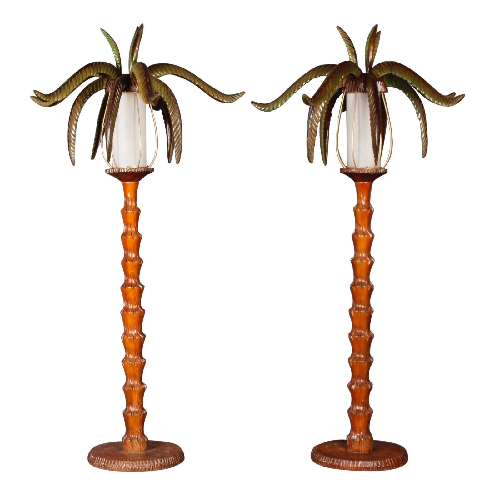 Pair of Vintage Carved Wood Palm Tree Floor Lamps For Sale at 1stDibs