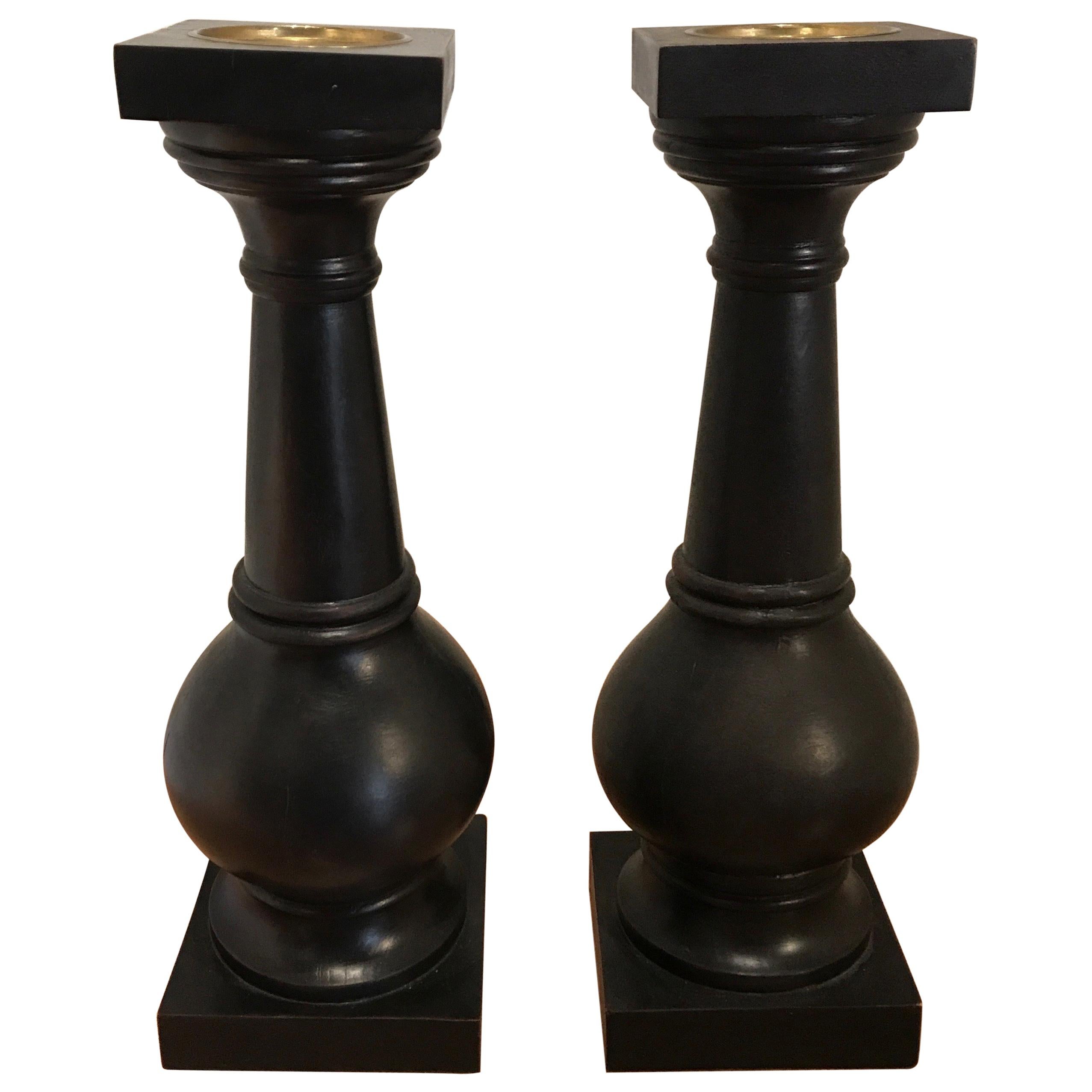 Pair of Wood Pillar Candlesticks For Sale