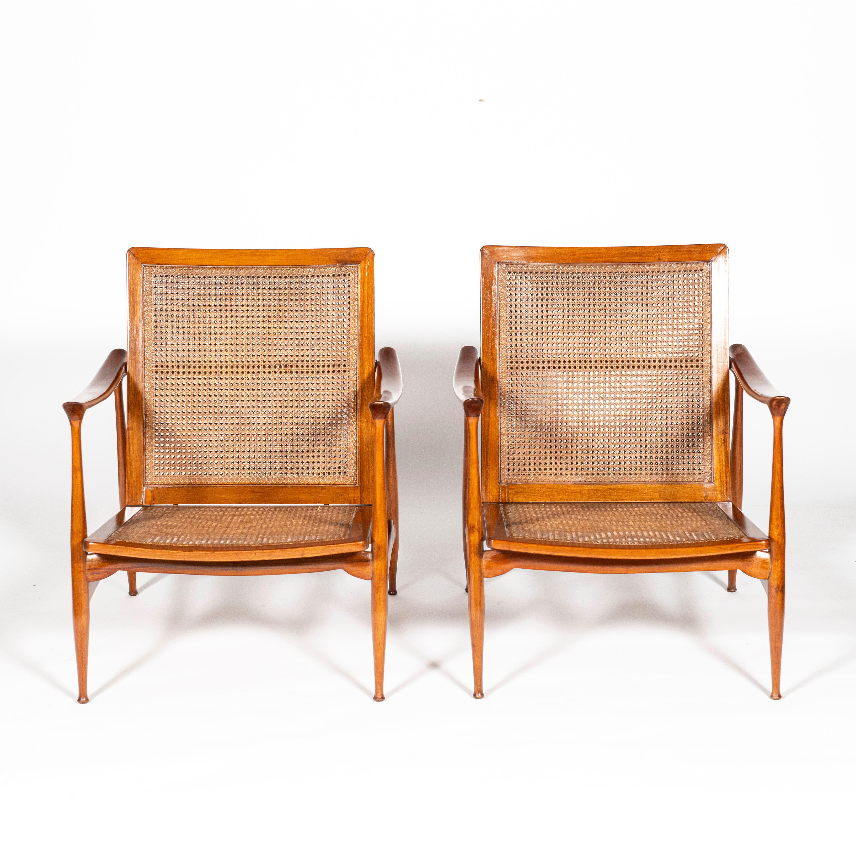 Mid-20th Century Pair of Wood, Rattan and Leather Scandinavian Armchairs, circa 1960 For Sale