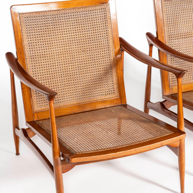 Pair of Wood, Rattan and Leather Scandinavian Armchairs, circa 1960 For Sale 1