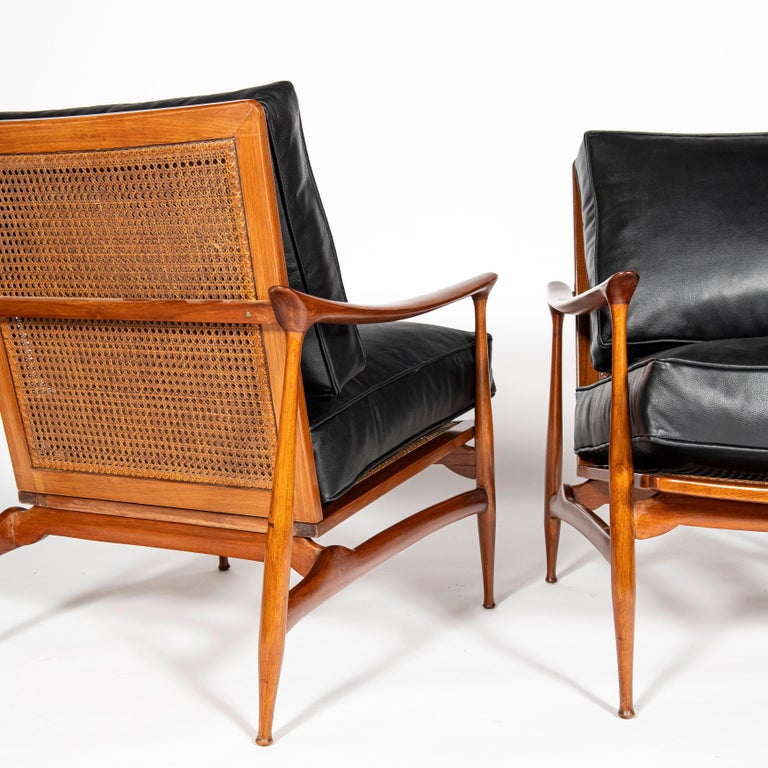 Pair of Wood, Rattan and Leather Scandinavian Armchairs, circa 1960 For Sale 3