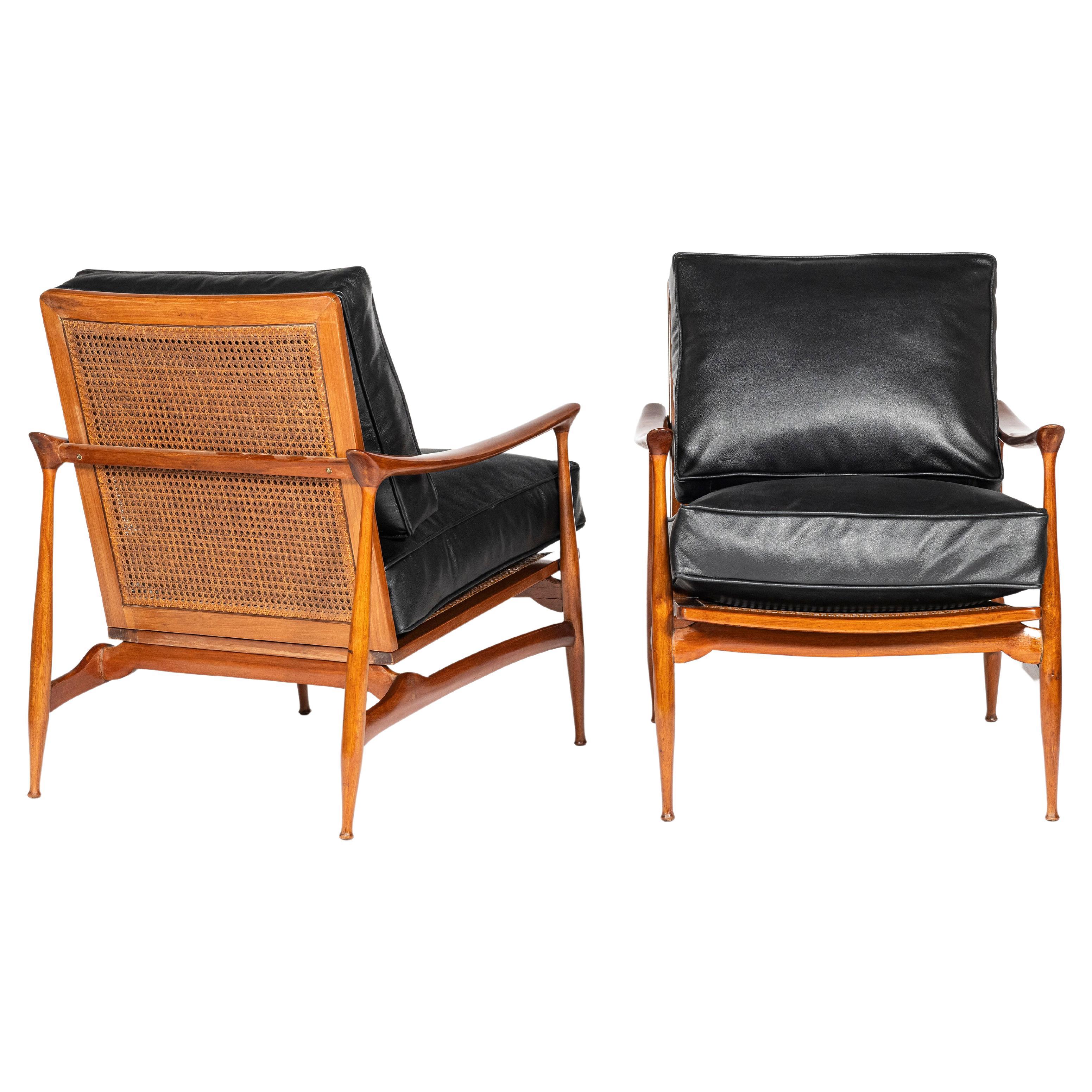Pair of Wood, Rattan and Leather Scandinavian Armchairs, circa 1960