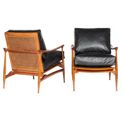 Pair of Wood, Rattan and Leather Scandinavian Armchairs, circa 1960
