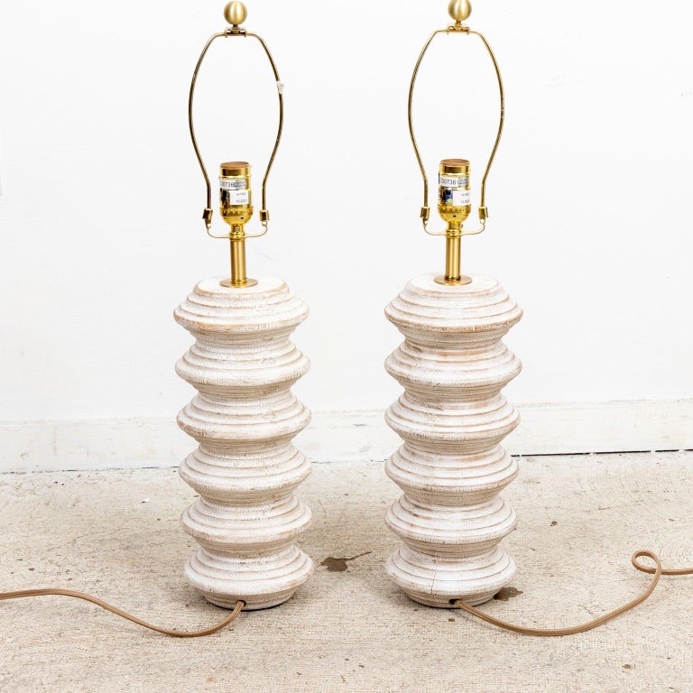 Pair of Wood Ring Turned Table Lamps For Sale at 1stDibs