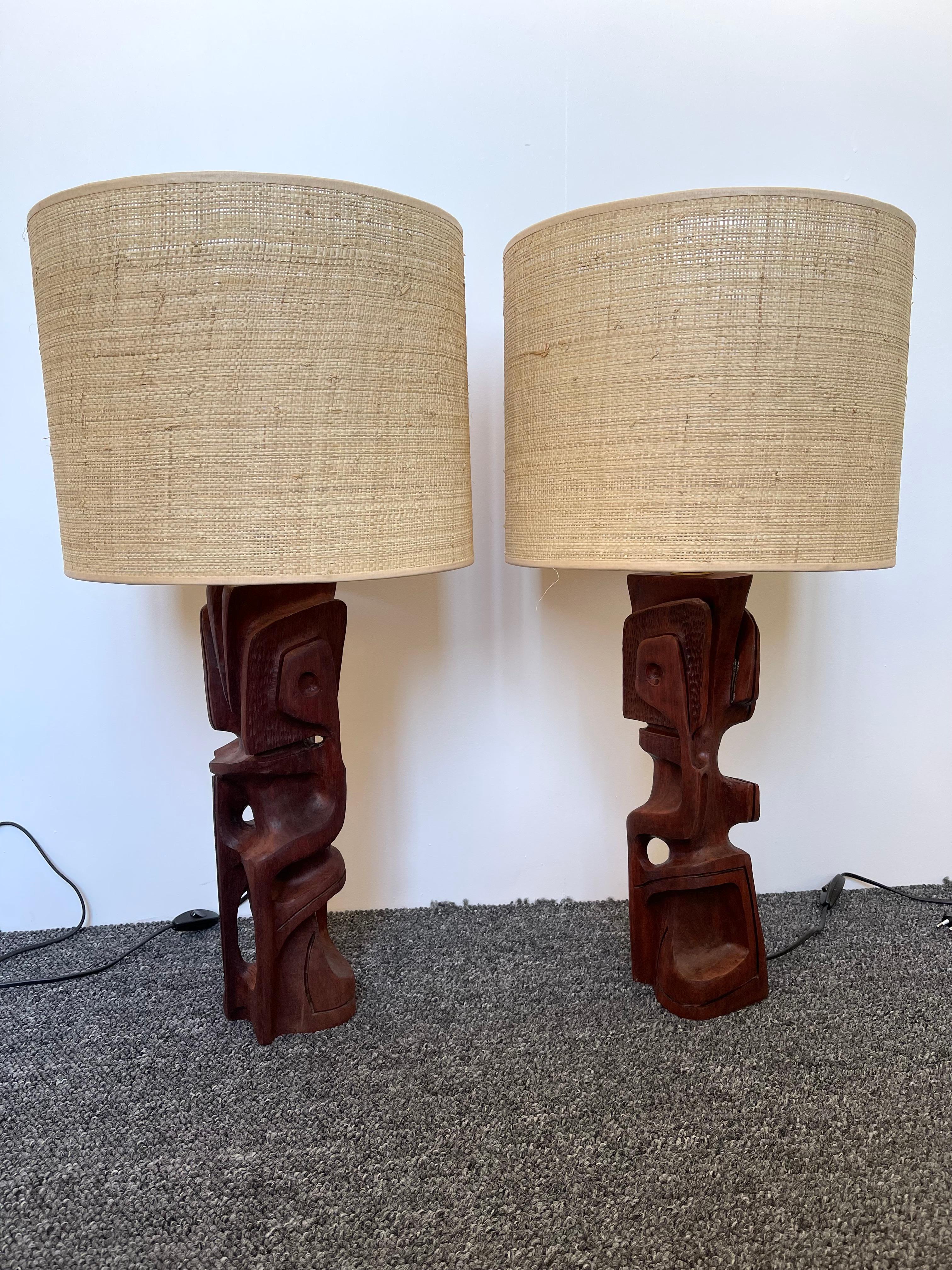 Pair of Wood Sculpture Lamps by Gianni Pinna. Italy, 1970s For Sale 4