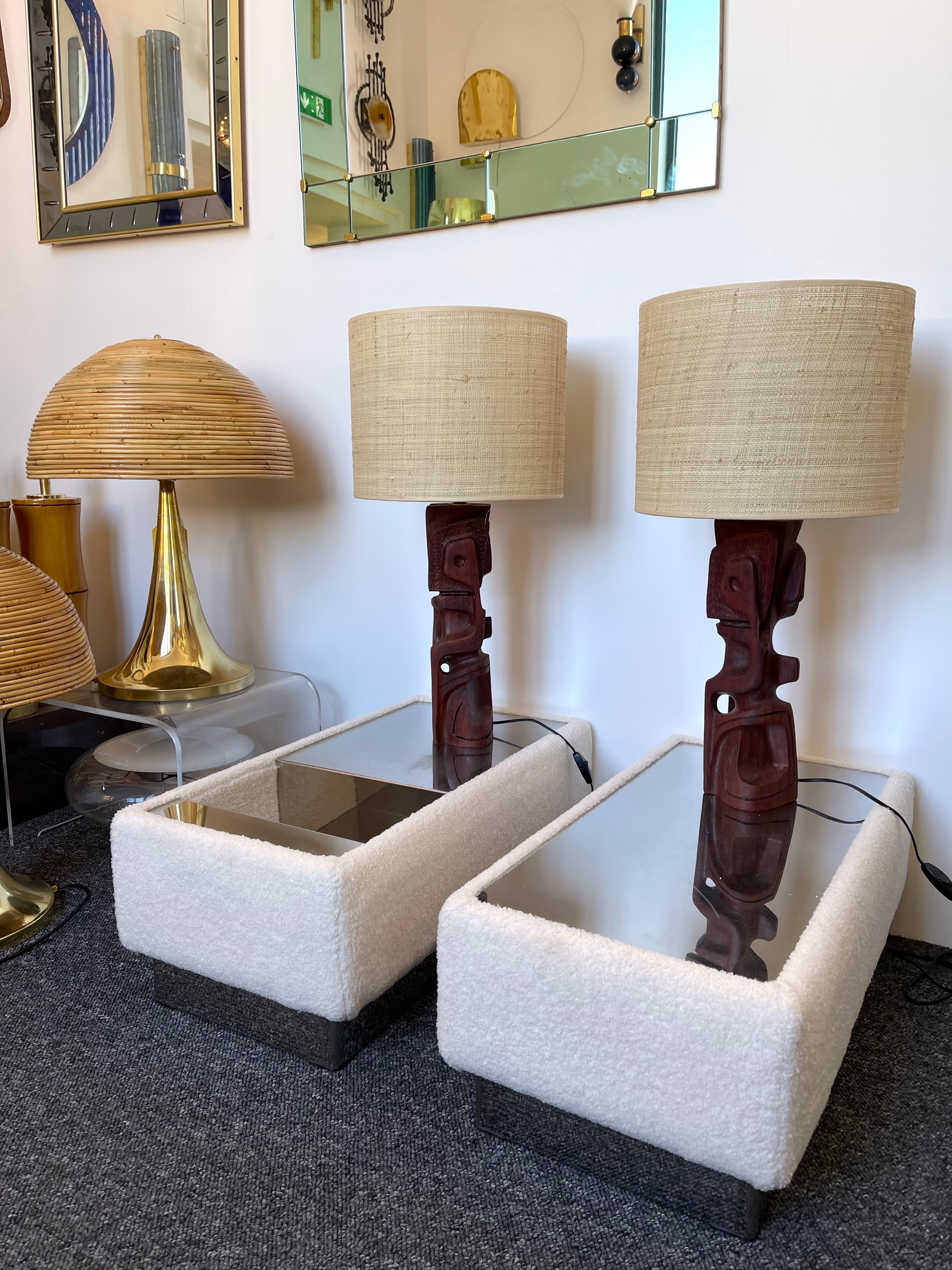 Italian Pair of Wood Sculpture Lamps by Gianni Pinna. Italy, 1970s For Sale