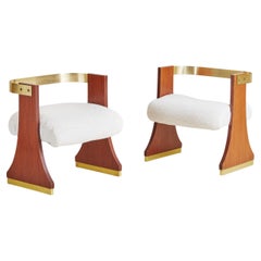 Wood Stool with Brass Backrest, Italy 1970s - 2 Available