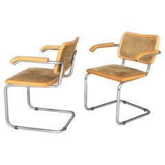 Pair of Wood Suede and Nickel Cesca Armchairs Chairs, 1970s
