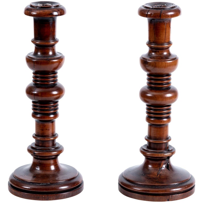 Pair of Wood Turned Candlesticks at 1stDibs