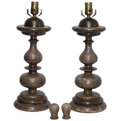 Pair of Wood Turned Dutch Style Candlestick Lamps with Pewter Finish, Retro