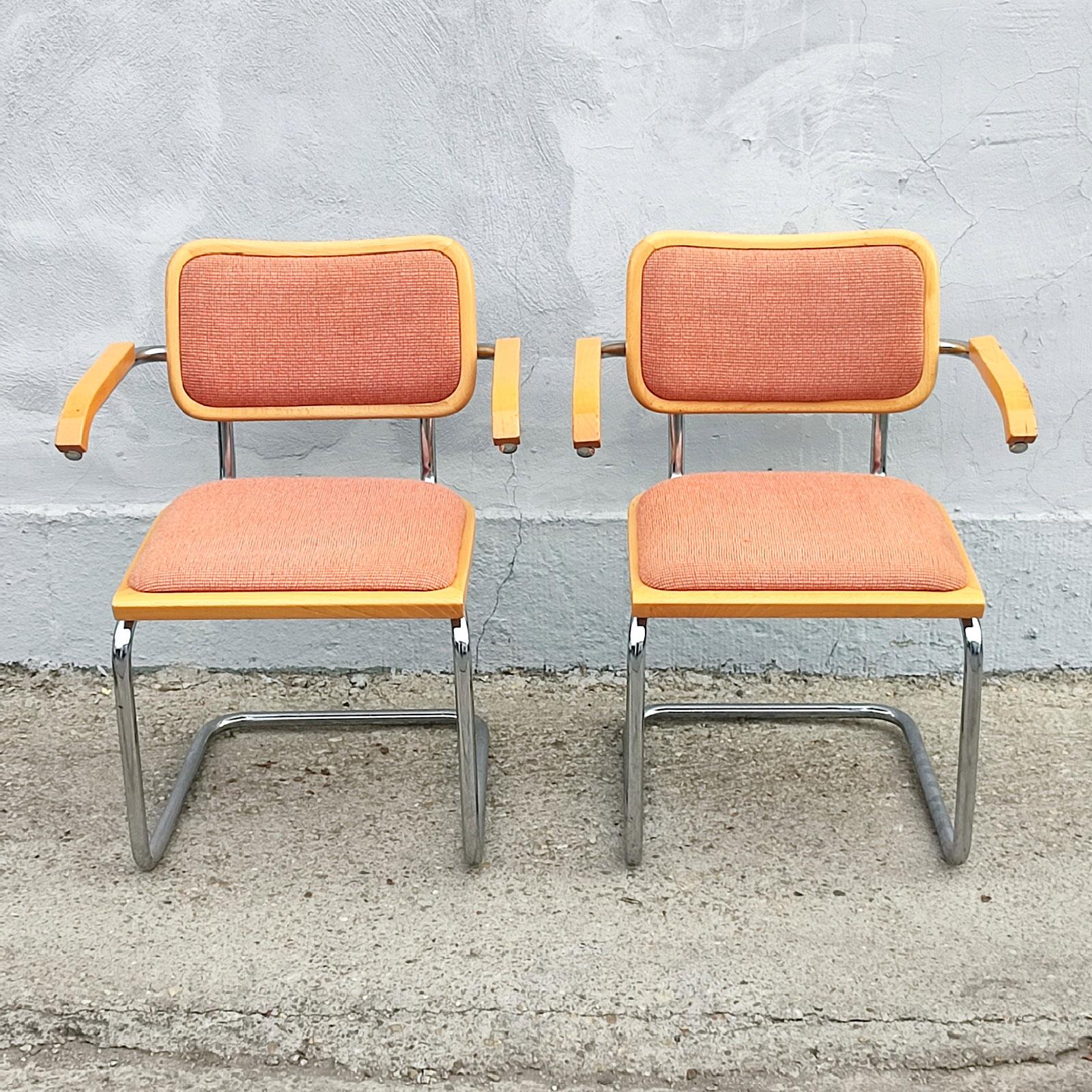 Bauhaus Pair of Wood Upholstery and Nickel Cesca Armchairs Chairs, 1970s For Sale