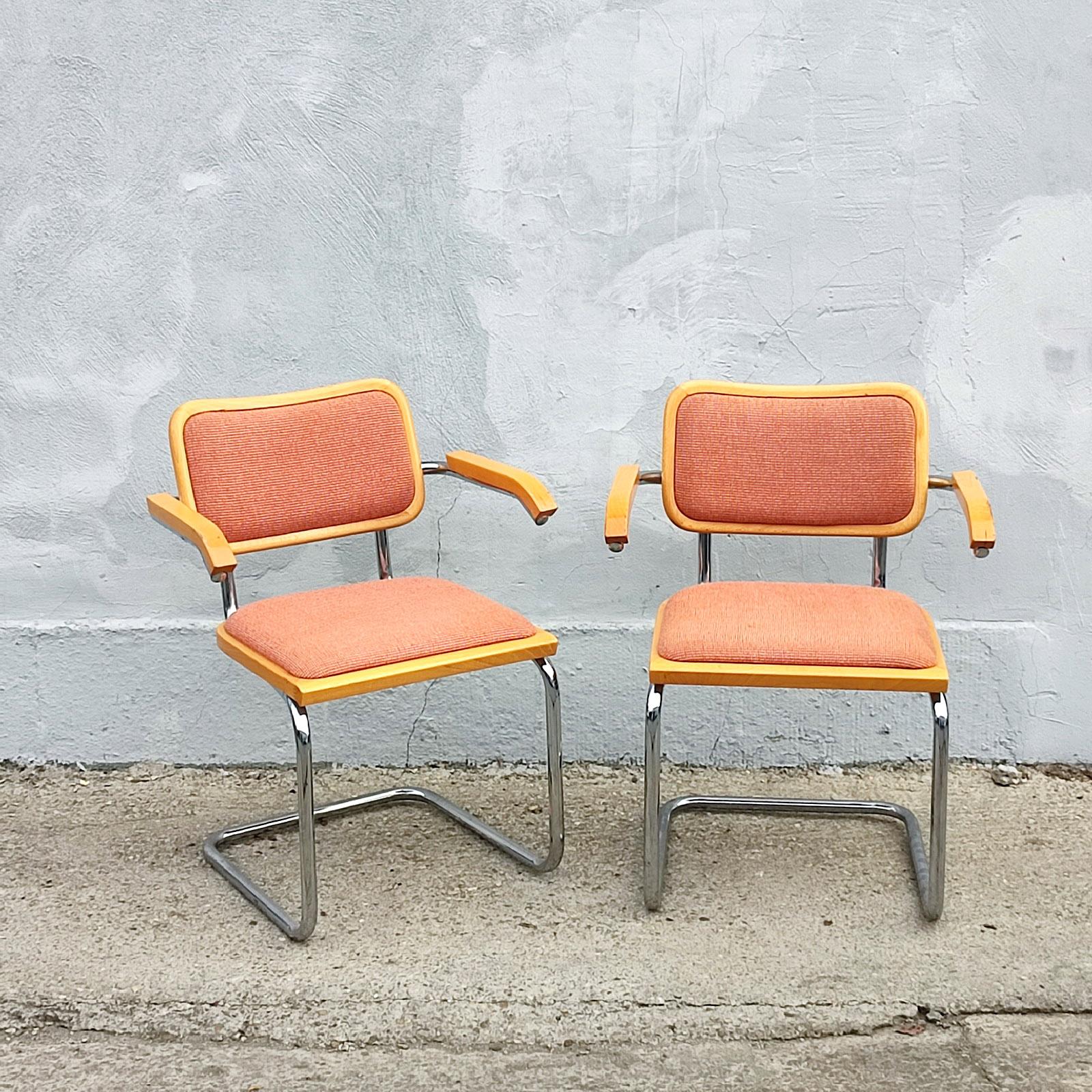 Italian Pair of Wood Upholstery and Nickel Cesca Armchairs Chairs, 1970s For Sale