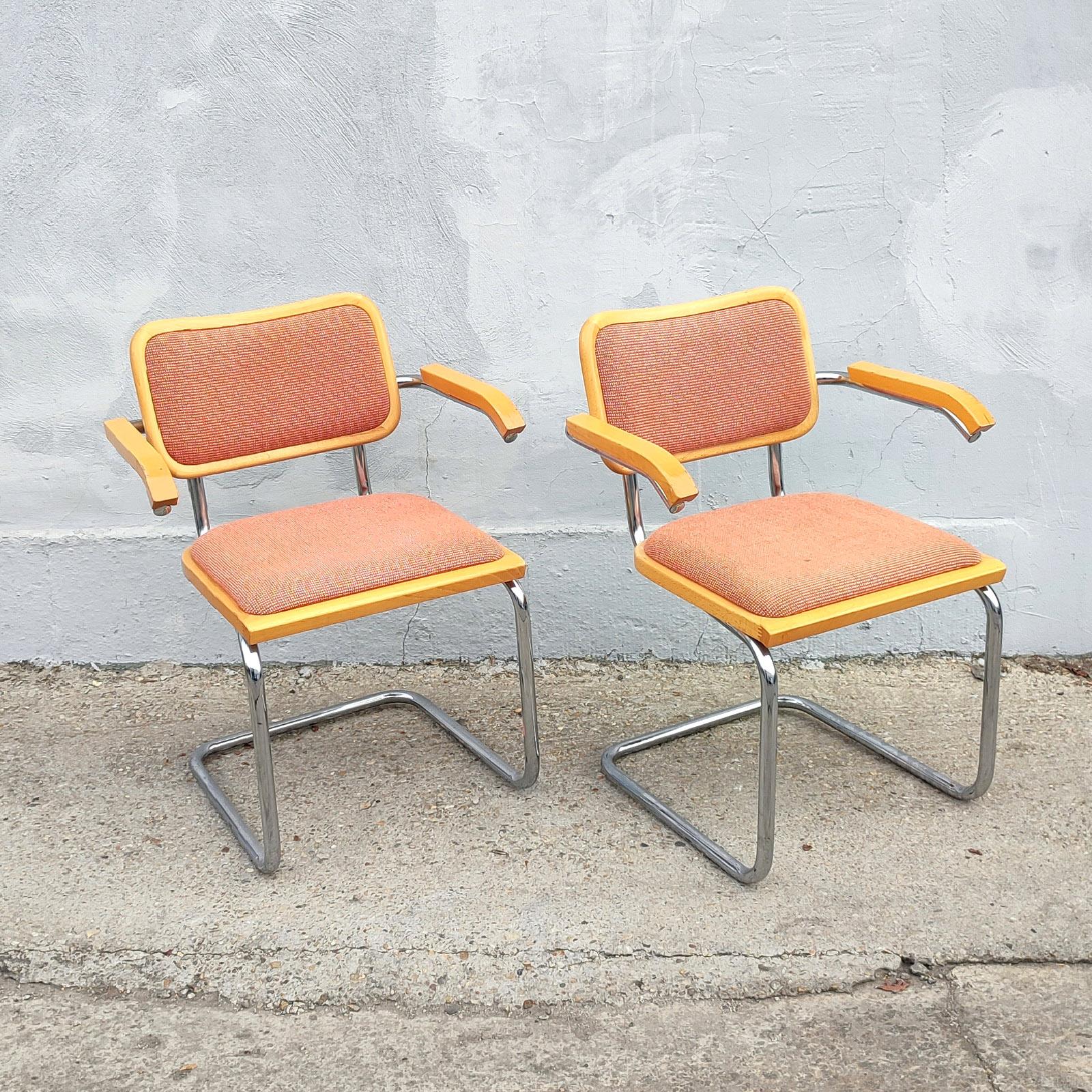 Late 20th Century Pair of Wood Upholstery and Nickel Cesca Armchairs Chairs, 1970s For Sale