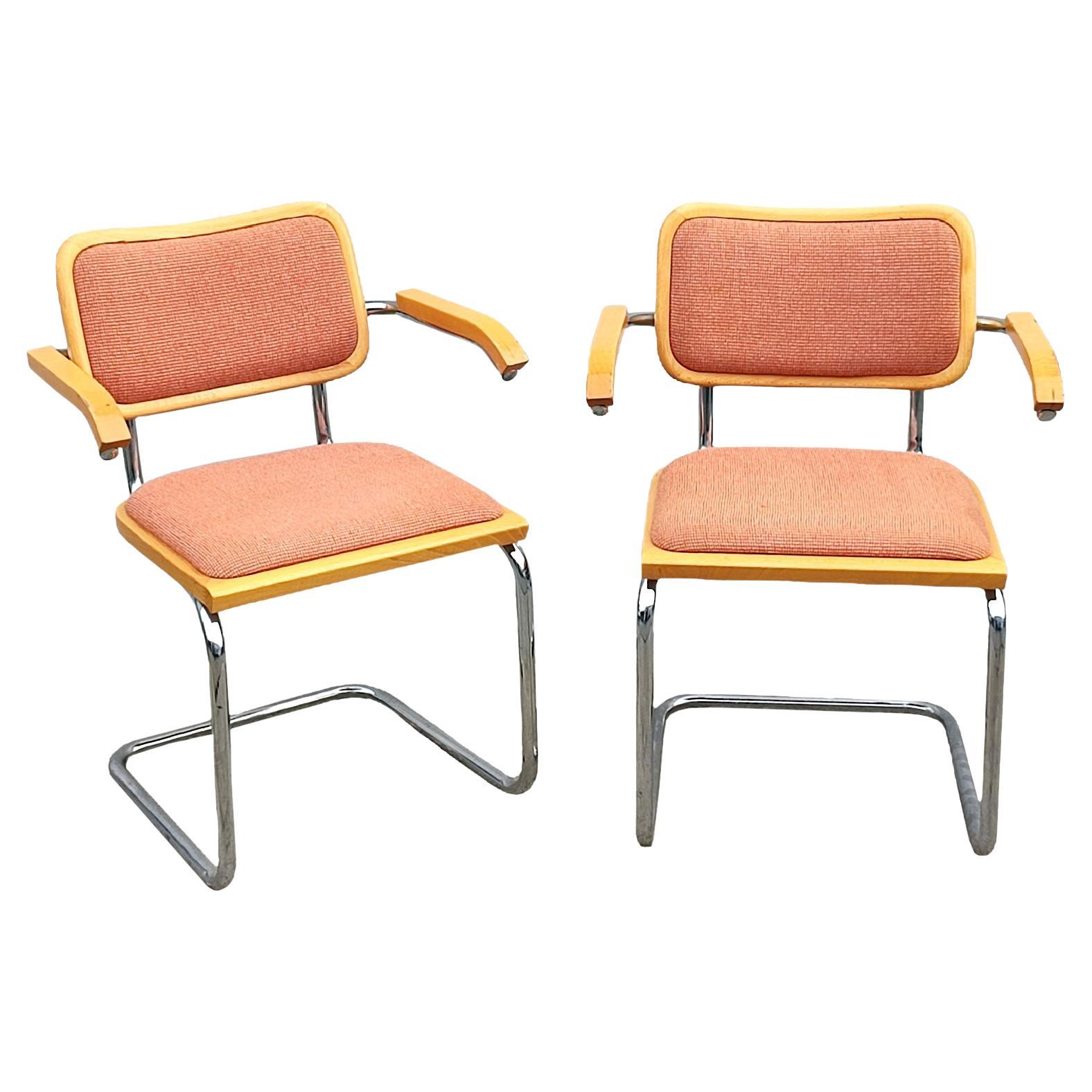 Pair of Wood Upholstery and Nickel Cesca Armchairs Chairs, 1970s For Sale