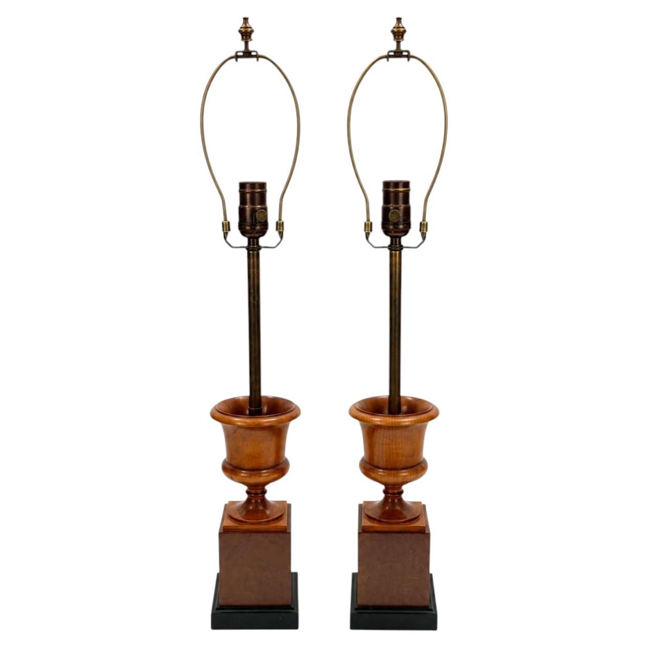 Pair of Wood Urn Lamps