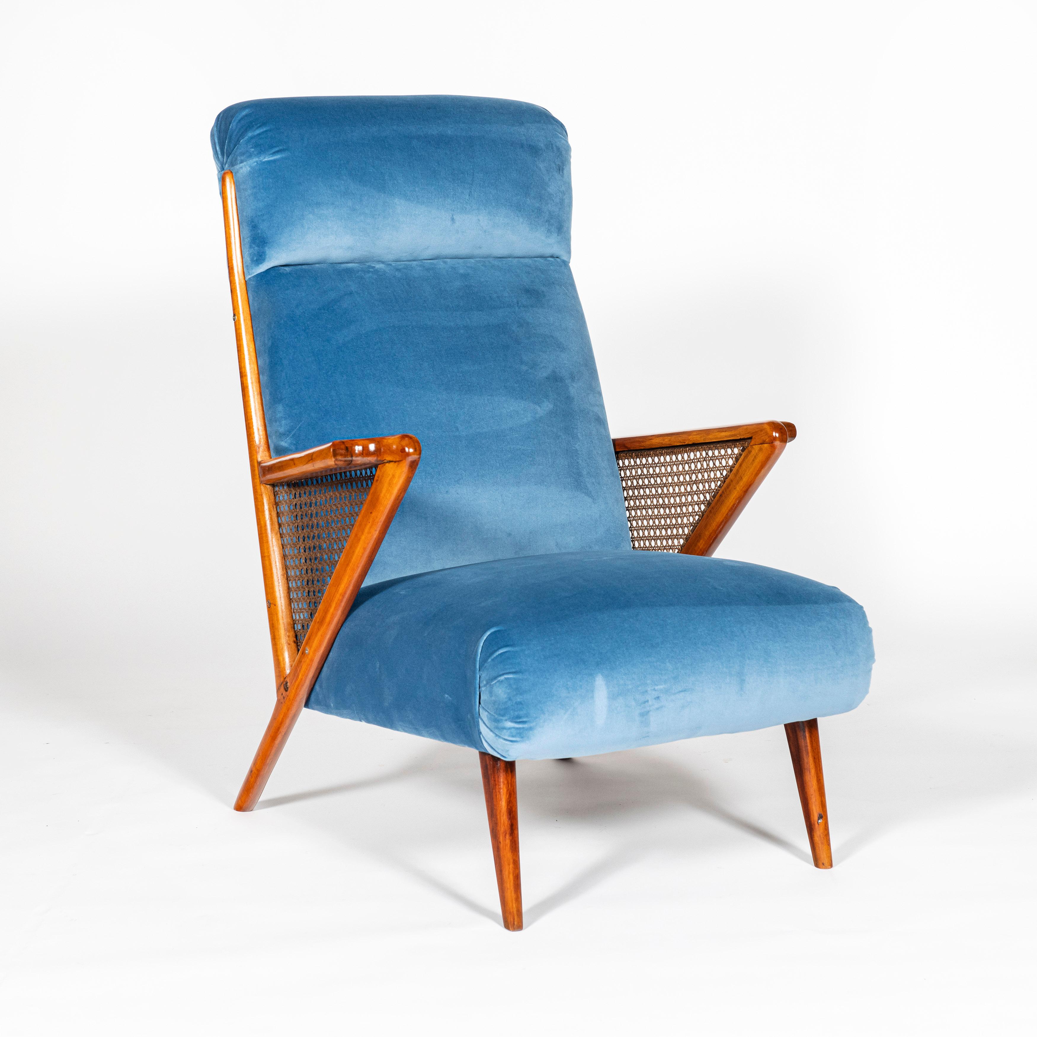 Pair of wood, velvet and rattan Scandinavian armchairs, circa 1950.
 