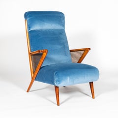 Pair of Wood, Velvet and Rattan Scandinavian Armchairs, circa 1950