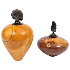 Pair of Wood Vessels with Fossil Stone Finials by Steven Potts