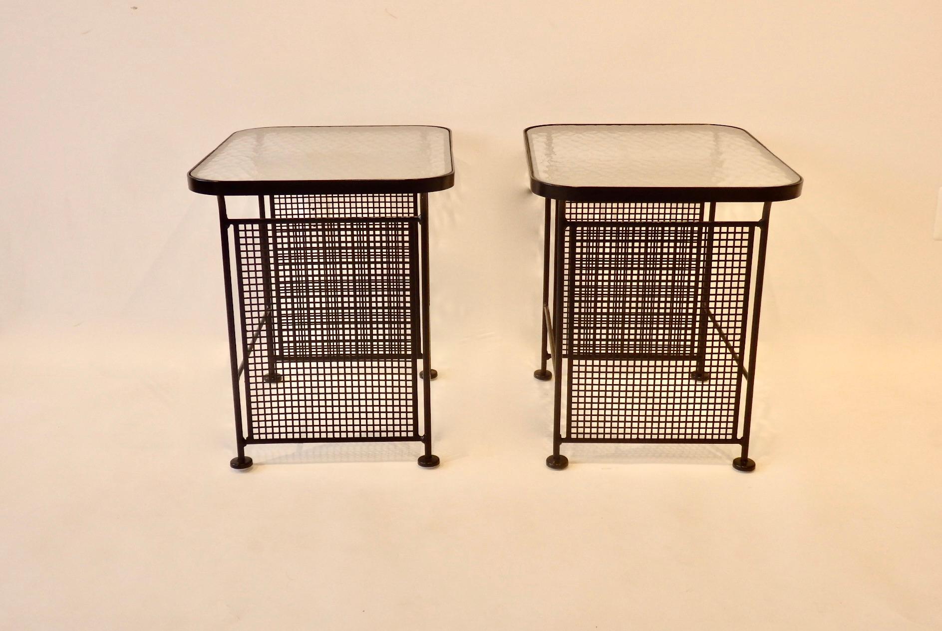 American Pair of Woodard Glass Top Wrought Iron Side Tables For Sale