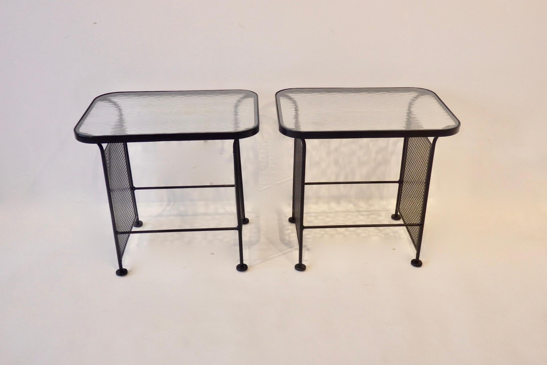 Pair of Woodard Glass Top Wrought Iron Side Tables In Good Condition For Sale In Ferndale, MI